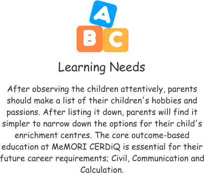 Learning Needs After observing the children attentively, parents should make a list of their children's hobbies and passions. After listing it down, parents will find it simpler to narrow down the options for their child's enrichment centres. The core outcome-based education at MeMORI CERDiQ is essential for their future career requirements; Civil, Communication and Calculation.